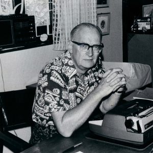 Author with his tool - Arthur C Clarke with his electric typewriter at his Colombo home, circa 1975