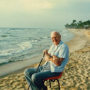 Arthur C Clarke enjoys one of his favourite beaches in Sri Lanka, where he lived from 1956 to 2008